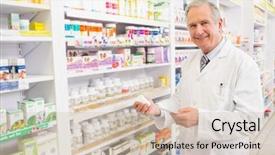  Presentation with pharmacy - Beautiful PPT theme featuring male pharmasict - smiling senior pharmacist holding medicine backdrop and a  colored foreground