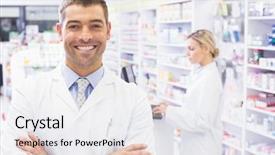  Presentation with pharmacy - Audience pleasing presentation theme consisting of male pharmasict - smiling tpharmacist standing with arms backdrop and a sky blue colored foreground