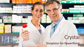  Presentation with pharmaceuticals - Colorful slides enhanced with male pharmasict - two pharmacists with pharmaceuticals backdrop and a lemonade colored foreground