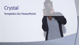  Presentation with corruption in judiciary photos - Presentation design having male photographer taking photos with camera in studio background and a sky blue colored foreground