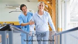  Presentation with movement - Presentation theme having male-physiotherapist-assisting-senior-woman background and a light blue colored foreground
