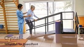  Presentation with rehab - Slide set featuring male-physiotherapist-assisting-senior-woman background and a coral colored foreground