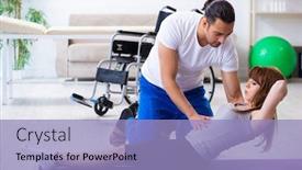  Presentation with physiotherapist - Amazing slide deck having male physiotherapist doing exercises with injured woman on floor backdrop and a light blue colored foreground
