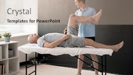  Presentation with physical exercises - Cool new PPT theme with male-physiotherapist-holding-patient-leg backdrop and a mint green colored foreground
