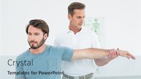  Presentation with medical hand - Colorful presentation design enhanced with male physiotherapist stretching a young man's hand in the medical office backdrop and a light blue colored foreground