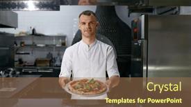  Presentation with pizza - Slide deck having male-pizzaiolo-presenting-freshly-cooked background and a coral colored foreground