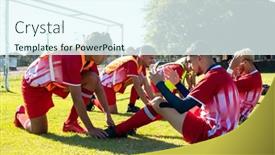  Presentation with soccer fitness - Presentation featuring male-players-holding-legs background and a sky blue colored foreground