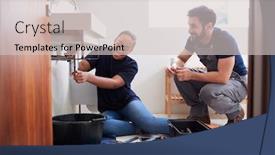  Presentation with teaching - Amazing PPT layouts having male-plumber-teaching-female-apprentice backdrop and a light gray colored foreground