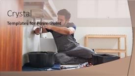  Presentation with plumber - Colorful presentation design enhanced with male-plumber-working-to-fix backdrop and a mint green colored foreground