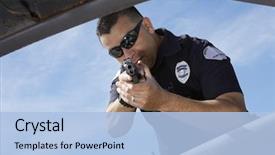  Presentation with police police - Cool new PPT theme with male police officer aiming gun backdrop and a light blue colored foreground