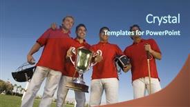  Presentation with low angle view of fictitious - Theme consisting of male polo players with trophy background and a ocean colored foreground
