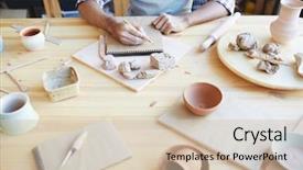  Presentation with messy - Slide set consisting of male potter drawing in sketchbook background and a soft green colored foreground