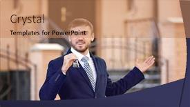  Presentation with house key - Slides enhanced with male real estate agent holding key near house background and a coral colored foreground