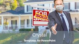  Presentation with shake hand - Colorful presentation theme enhanced with male-real-estate-agent-reaching backdrop and a mint green colored foreground