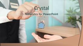  Presentation with hotel key - Audience pleasing PPT layouts consisting of male receptionist giving room key backdrop and a sky blue colored foreground