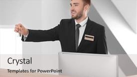  Presentation with hotel key - Beautiful presentation theme featuring male receptionist with room key backdrop and a  colored foreground