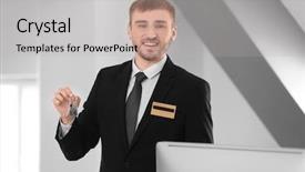  Presentation with hotel key - PPT theme featuring male receptionist with room key background and a light gray colored foreground