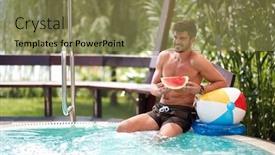  Presentation with swimming pool - Presentation theme featuring male-refreshing-on-swimming-pool background and a violet colored foreground