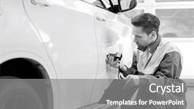  Presentation with repair shop - Amazing slide deck having male repair worker examining car paint with equipment in repair shop backdrop and a gray colored foreground