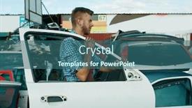  Presentation with car door - Amazing slide set having male-repairman-holds-door backdrop and a ocean colored foreground