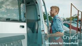  Presentation with car door - Amazing slide deck having male-repairman-removes-the-door backdrop and a ocean colored foreground