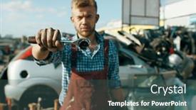  Presentation with car - PPT theme having male-repairman-shows-wrench background and a ocean colored foreground