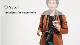  Presentation with report card - Cool new presentation with male reporter holding card backdrop and a white colored foreground