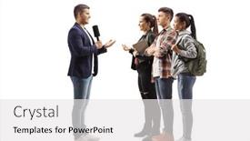  Presentation with group - PPT theme enhanced with male-reporter-interviewing-a-group background and a white colored foreground