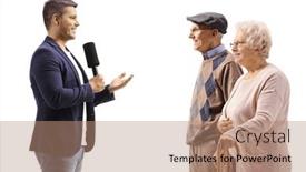  Presentation with interviewing children - PPT theme having male-reporter-interviewing-an-elderly background and a coral colored foreground