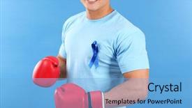  Presentation with blue ribbon - PPT theme enhanced with male reproductive system - young man in t-shirt background and a  colored foreground