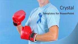  Presentation with blue ribbon - Presentation design consisting of male reproductive system - young man in t-shirt background and a  colored foreground