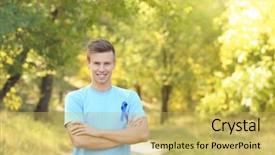  Presentation with prostate cancer - Colorful slide deck enhanced with male reproductive system - young man in t-shirt backdrop and a  colored foreground
