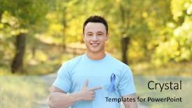  Presentation with prostate cancer - Slides featuring male reproductive system - young man pointing at blue background and a  colored foreground