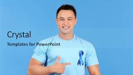  Presentation with blue ribbon - Amazing slides having male reproductive system - young man pointing at blue backdrop and a  colored foreground