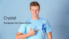  Presentation with cancer prostate - PPT theme consisting of male reproductive system - young man pointing at blue background and a light blue colored foreground