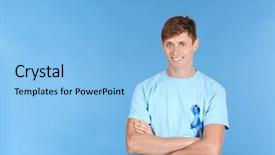  Presentation with prostate cancer - Colorful presentation design enhanced with male reproductive system - young man wearing t-shirt backdrop and a light blue colored foreground
