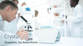  Presentation with research - Theme consisting of male-research-scientist-looks background and a sky blue colored foreground