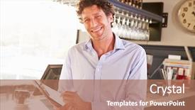  Presentation with restaurant - Slide set featuring male restaurant manager holding clipboard background and a coral colored foreground