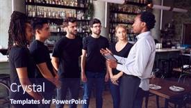  Presentation with restaurant - Slide deck enhanced with male-restaurant-manager-with-digital background and a navy blue colored foreground