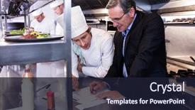  Presentation with restaurant kitchen - Colorful PPT layouts enhanced with male restaurant manager writing backdrop and a wine colored foreground