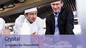  Presentation with restaurant kitchen - Colorful theme enhanced with male restaurant manager writing backdrop and a light blue colored foreground