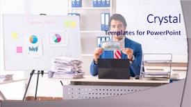  Presentation with sales contest launch - Audience pleasing PPT layouts consisting of male sales analyst in front backdrop and a  colored foreground