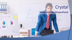  Presentation with sales awards graphics - Cool new PPT theme with male sales analyst in front backdrop and a sky blue colored foreground