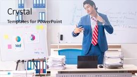  Presentation with sales - Cool new presentation design with male sales analyst in front backdrop and a light blue colored foreground