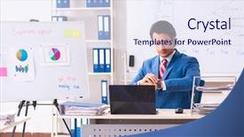  Presentation with sales awards graphics - Beautiful PPT theme featuring male sales analyst in front backdrop and a sky blue colored foreground