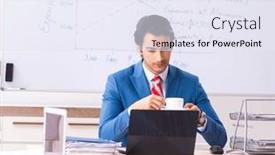  Presentation with whiteboard - Theme consisting of male-sales-analyst-in-front background and a  colored foreground