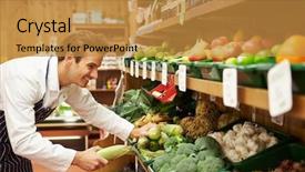  Presentation with vegetable farm - Amazing PPT layouts having male sales assistant at vegetable counter of farm shop backdrop and a gold colored foreground