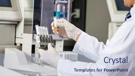  Presentation with laboratory urine - Audience pleasing presentation design consisting of male scientist analyzing urine backdrop and a sky blue colored foreground