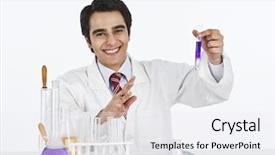  Presentation with scientific - Amazing PPT theme having male scientist doing scientific experiment in a laboratory backdrop and a sky blue colored foreground