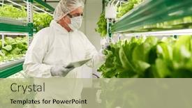  Presentation with vertical farm - Presentation theme featuring male-scientist-in-coveralls-gloves background and a mint green colored foreground